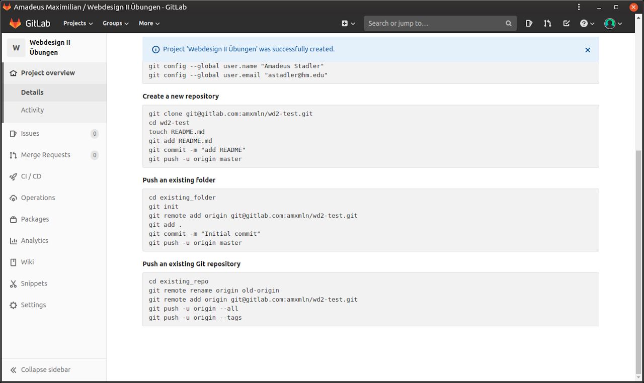 Ein Screenshot mit den Code-Snippets für neue Git Projekte von GitLab